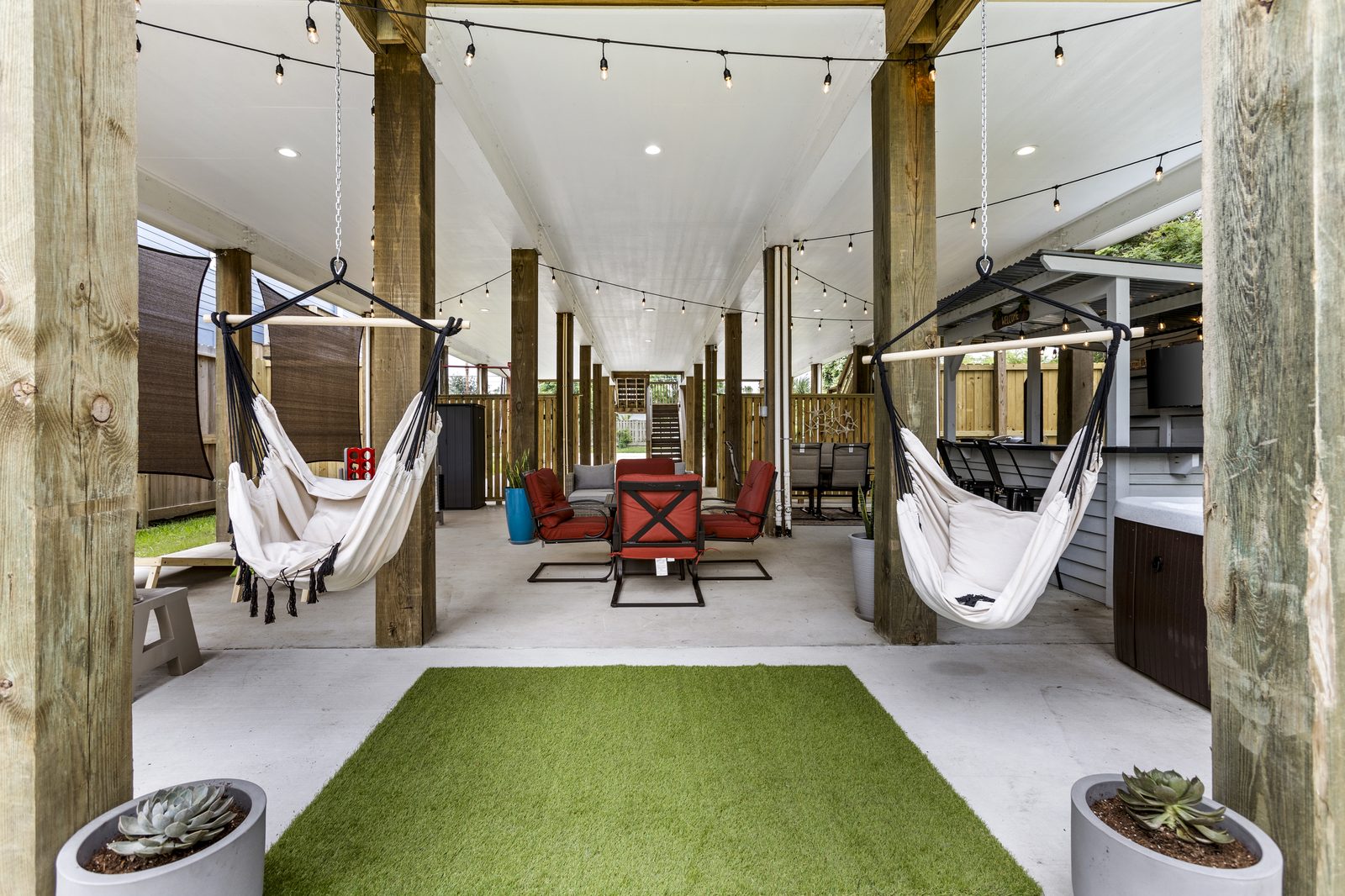 Hammock chairs under the covered patio